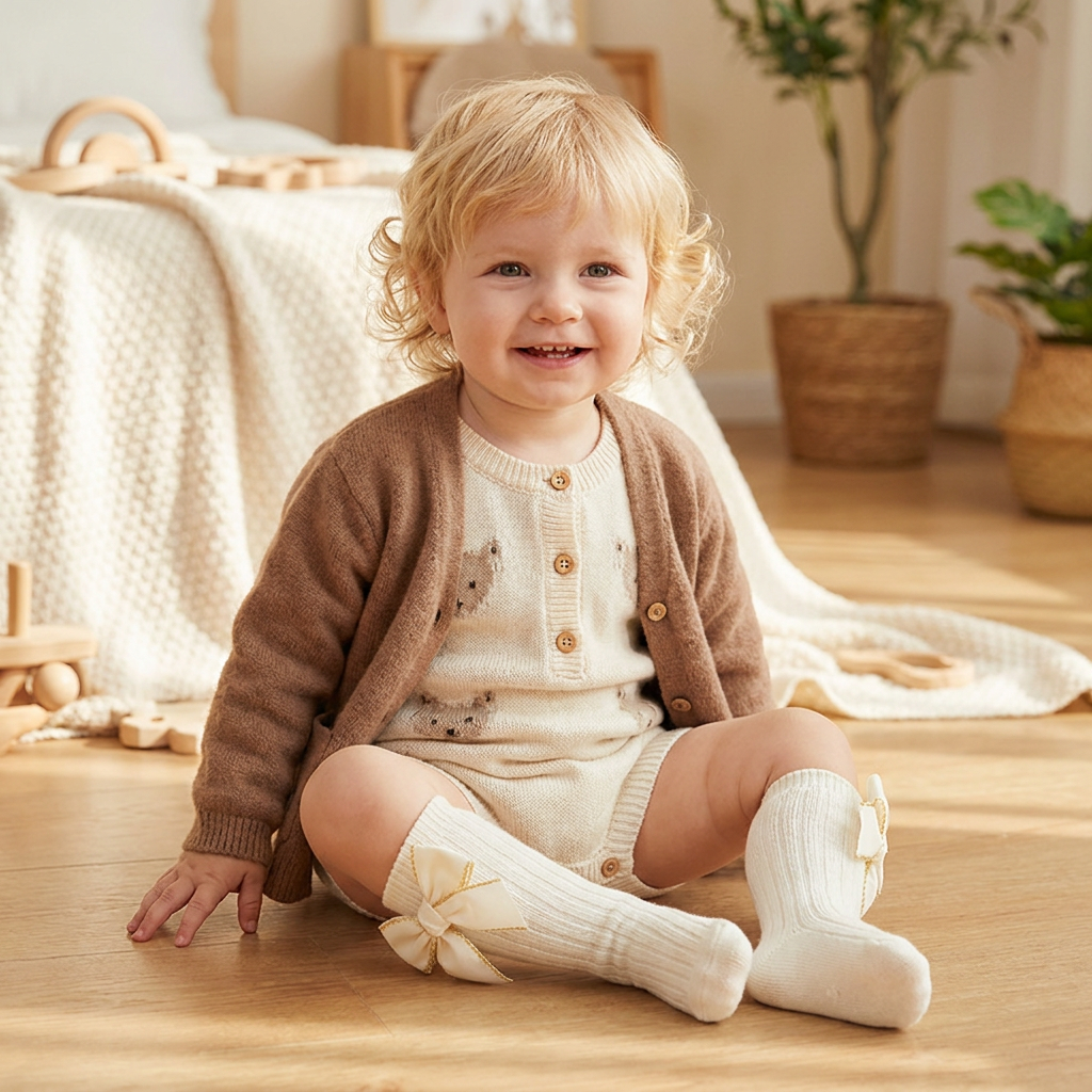 Weihnachtliche Kniestrümpfe für Baby-Mädchen mit Samtschleifen