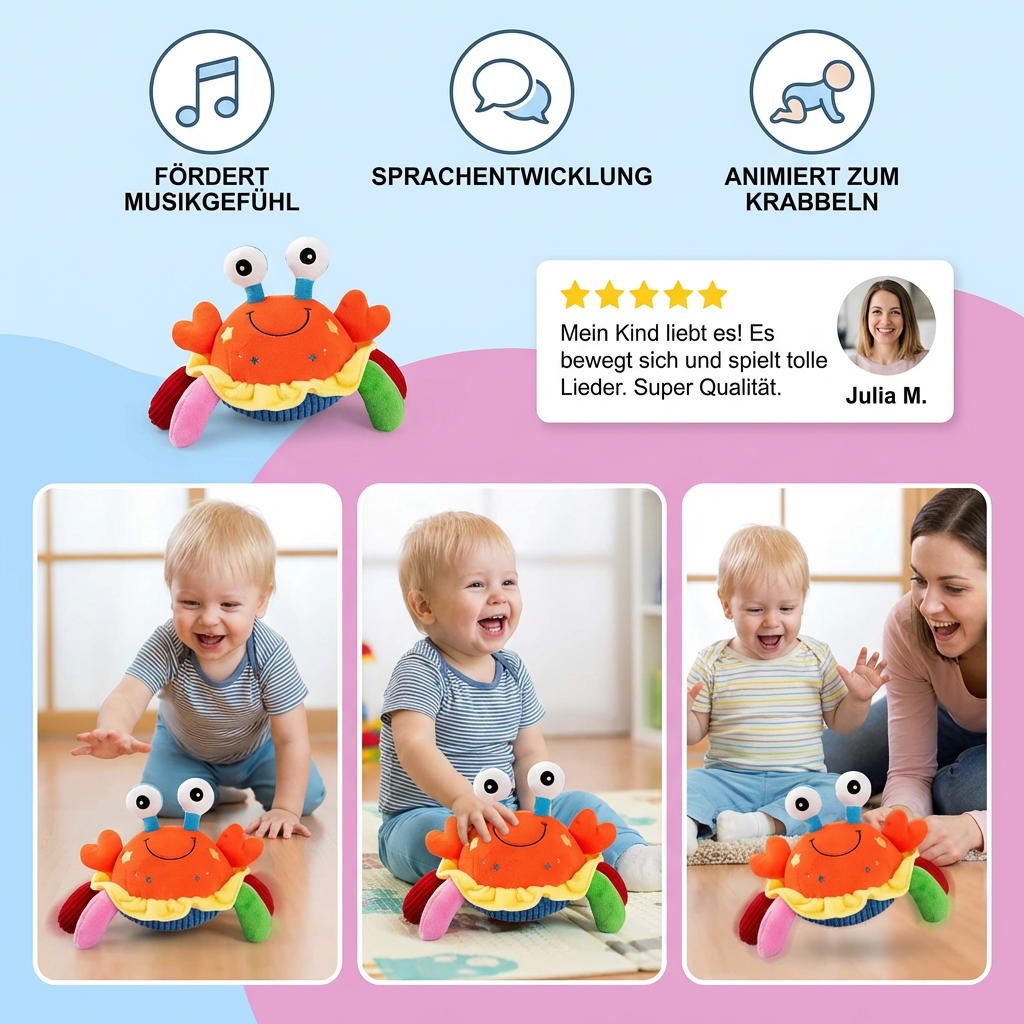 Interaktive Musikkrabbe mit Sprachfunktion – Bewegendes Lernspielzeug für Babys