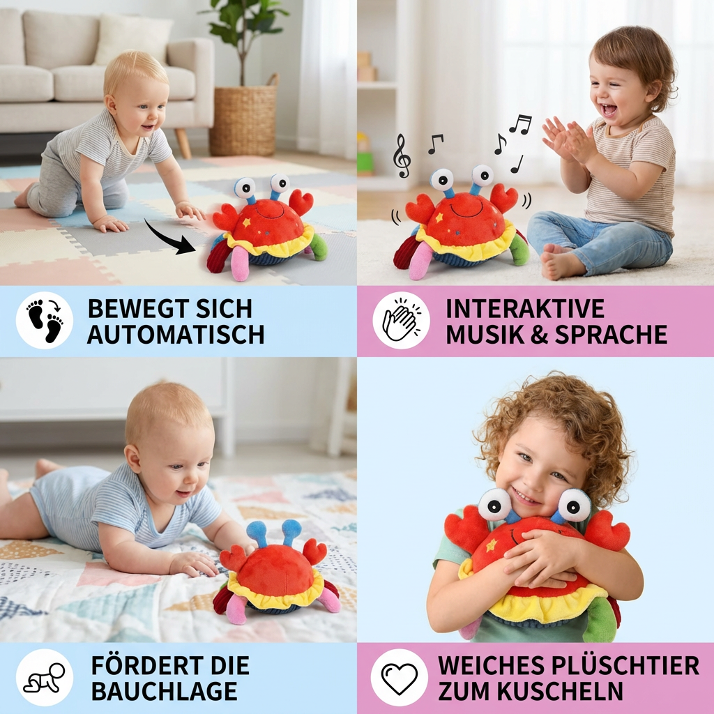 Interaktive Musikkrabbe mit Sprachfunktion – Bewegendes Lernspielzeug für Babys