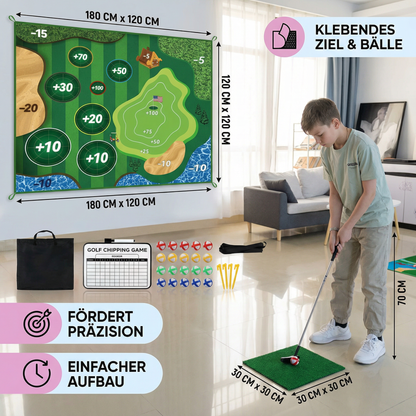 Klebendes 2in1 Golf Trainings- & Spielset – Indoor & Outdoor Abschlagmatte mit Zielwand & Schläger
