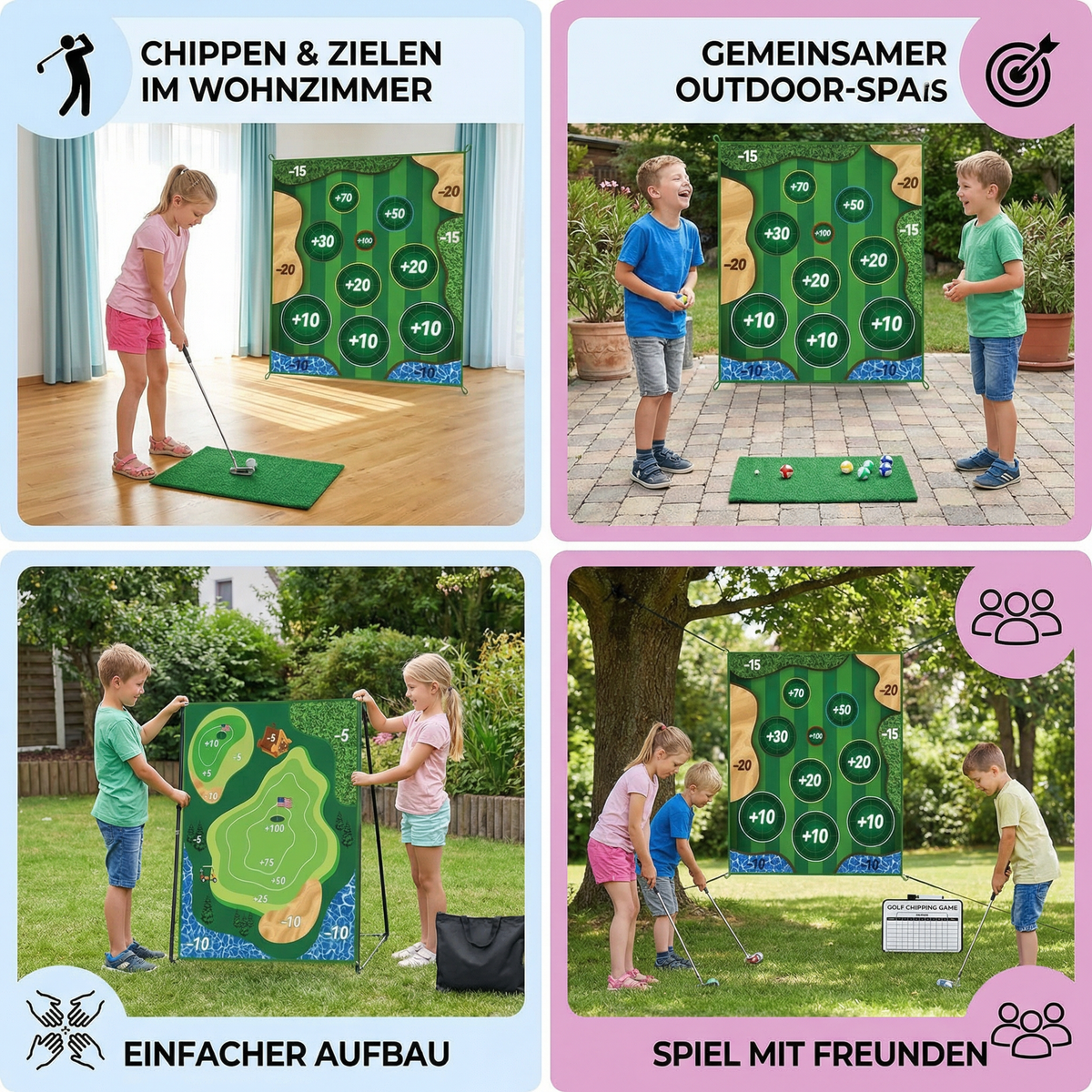 Klebendes 2in1 Golf Trainings- & Spielset – Indoor & Outdoor Abschlagmatte mit Zielwand & Schläger