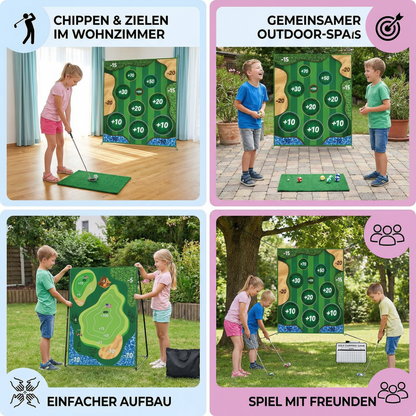 Klebendes 2in1 Golf Trainings- & Spielset – Indoor & Outdoor Abschlagmatte mit Zielwand & Schläger