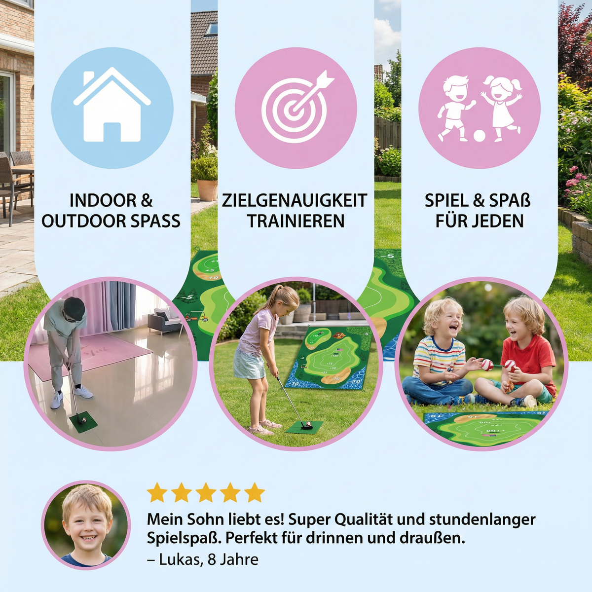 Klebendes 2in1 Golf Trainings- & Spielset – Indoor & Outdoor Abschlagmatte mit Zielwand & Schläger
