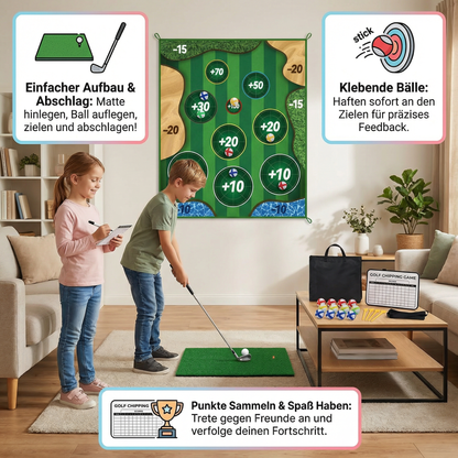 Klebendes 2in1 Golf Trainings- & Spielset – Indoor & Outdoor Abschlagmatte mit Zielwand & Schläger