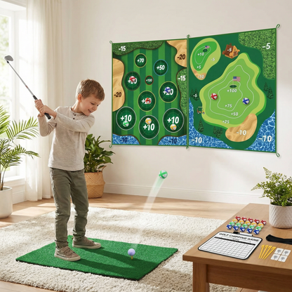 Klebendes 2in1 Golf Trainings- & Spielset – Indoor & Outdoor Abschlagmatte mit Zielwand & Schläger