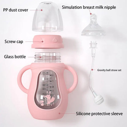 Baby Trinkflasche mit Griffen –  Silikon mit Weichem Sauger & Tiermotiv