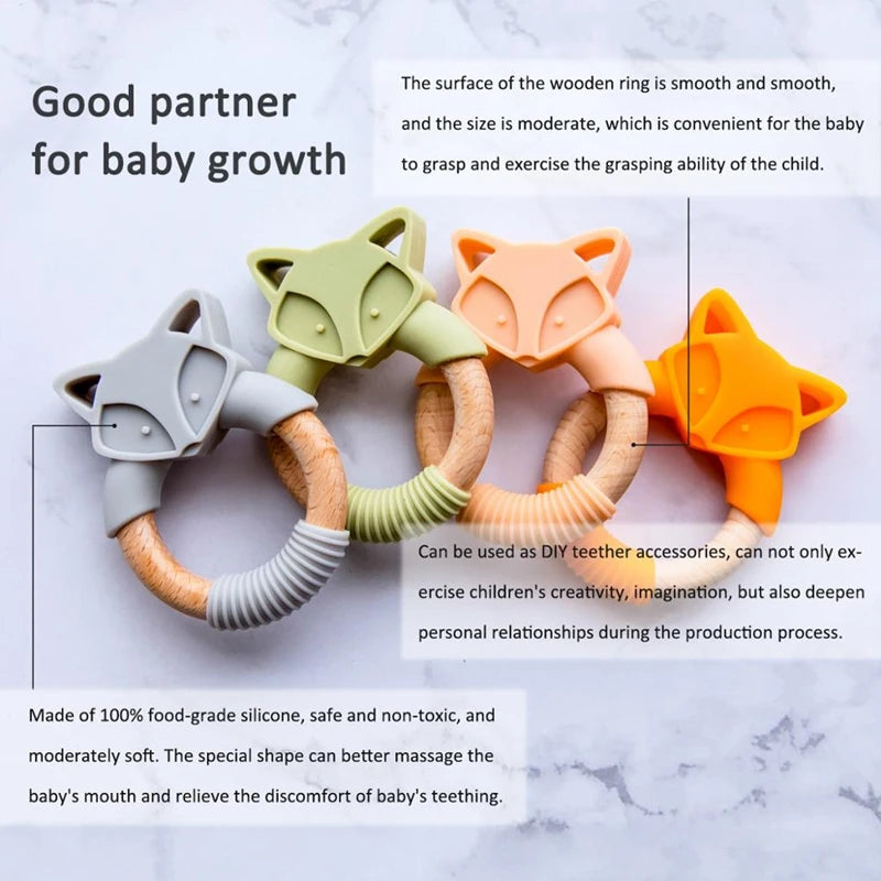 Baby Beißring aus Holz und Silikon – Zahnungshilfe im Fuchsdesign