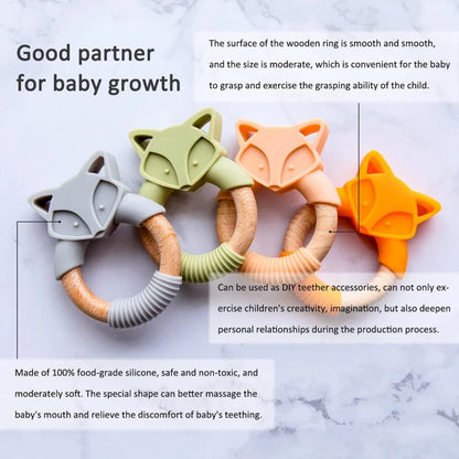 Baby Beißring aus Holz und Silikon – Zahnungshilfe im Fuchsdesign