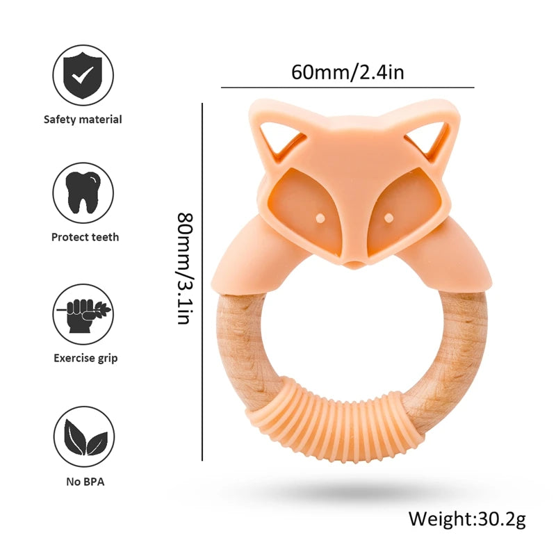 Baby Beißring aus Holz und Silikon – Zahnungshilfe im Fuchsdesign