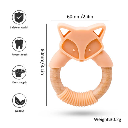 Baby Beißring aus Holz und Silikon – Zahnungshilfe im Fuchsdesign