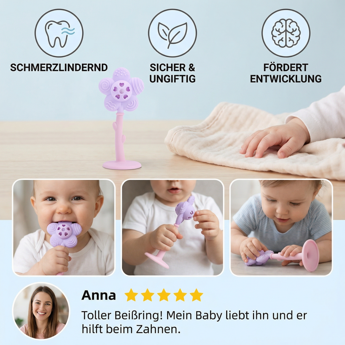 Blumen-Beißring & Rassel – Sanftes Zahnungsspielzeug aus lebensmittelechtem Silikon