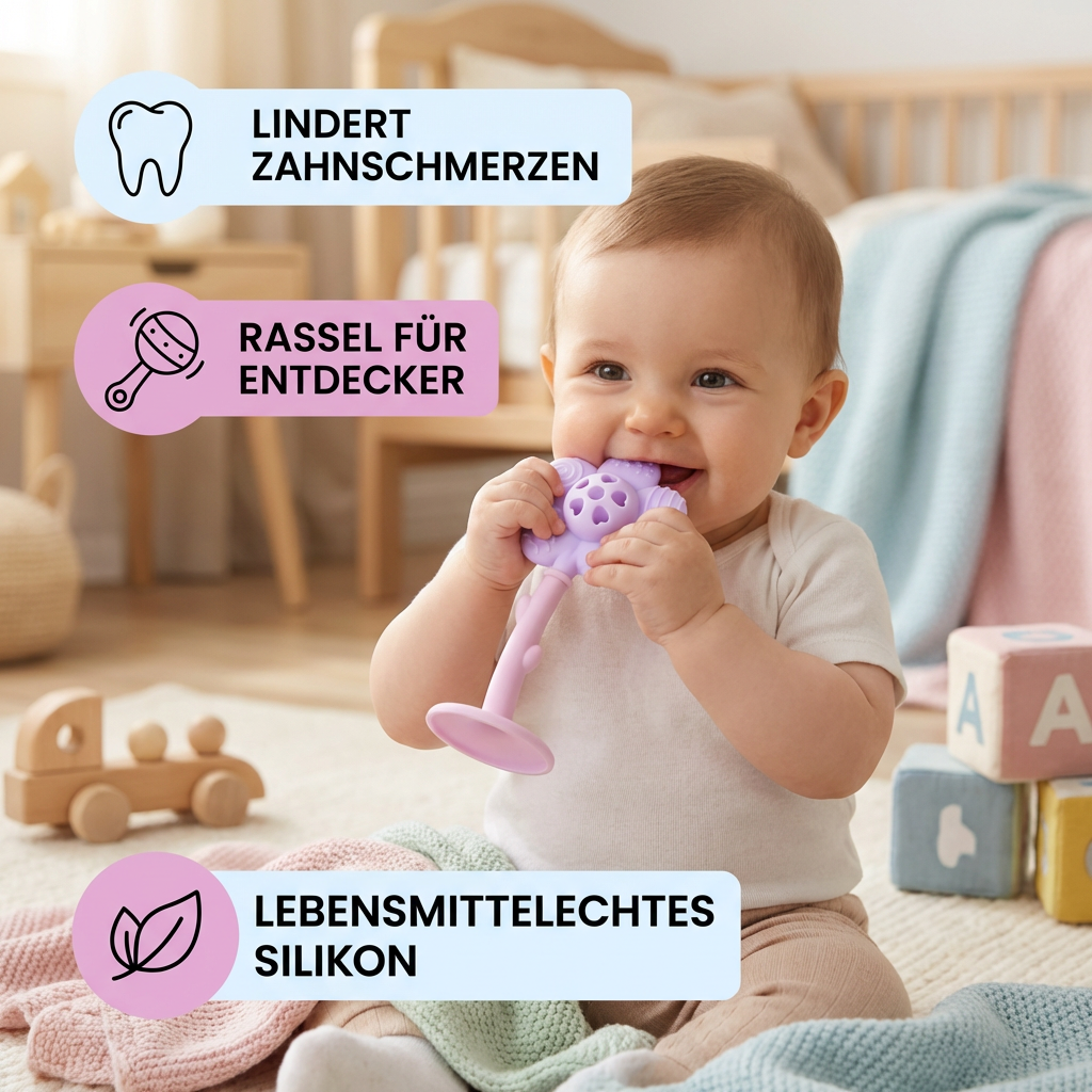 Blumen-Beißring & Rassel – Sanftes Zahnungsspielzeug aus lebensmittelechtem Silikon