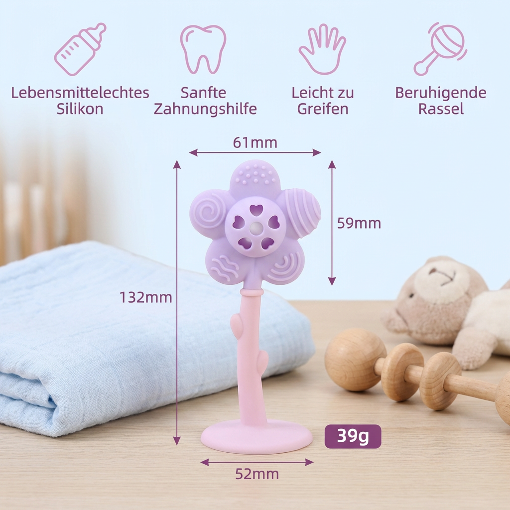 Blumen-Beißring & Rassel – Sanftes Zahnungsspielzeug aus lebensmittelechtem Silikon