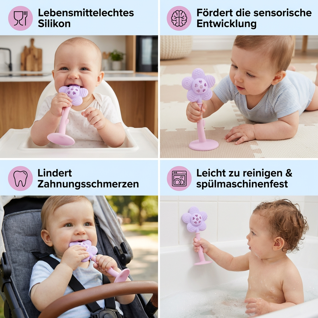 Blumen-Beißring & Rassel – Sanftes Zahnungsspielzeug aus lebensmittelechtem Silikon
