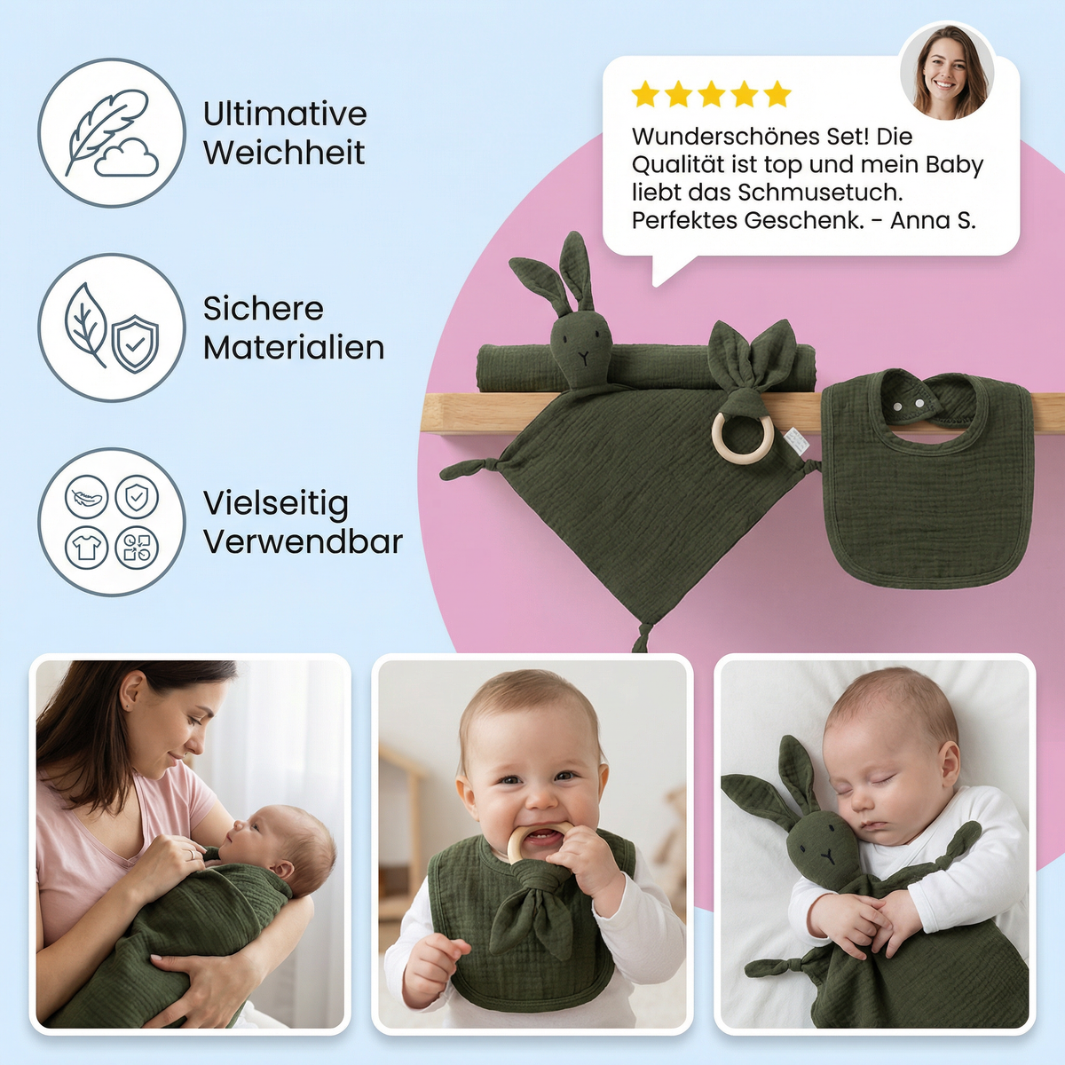 4-teiliges Neugeborenen Geschenkset – Musselin, Hase, Beißring & Lätzchen (100% Baumwolle)