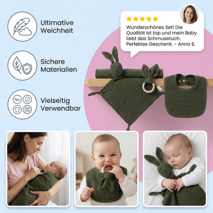 4-teiliges Neugeborenen Geschenkset – Musselin, Hase, Beißring & Lätzchen (100% Baumwolle)