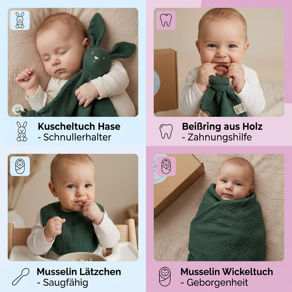 4-teiliges Neugeborenen Geschenkset – Musselin, Hase, Beißring & Lätzchen (100% Baumwolle)
