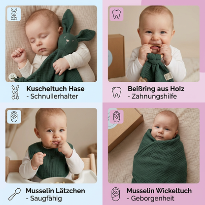 4-teiliges Neugeborenen Geschenkset – Musselin, Hase, Beißring & Lätzchen (100% Baumwolle)