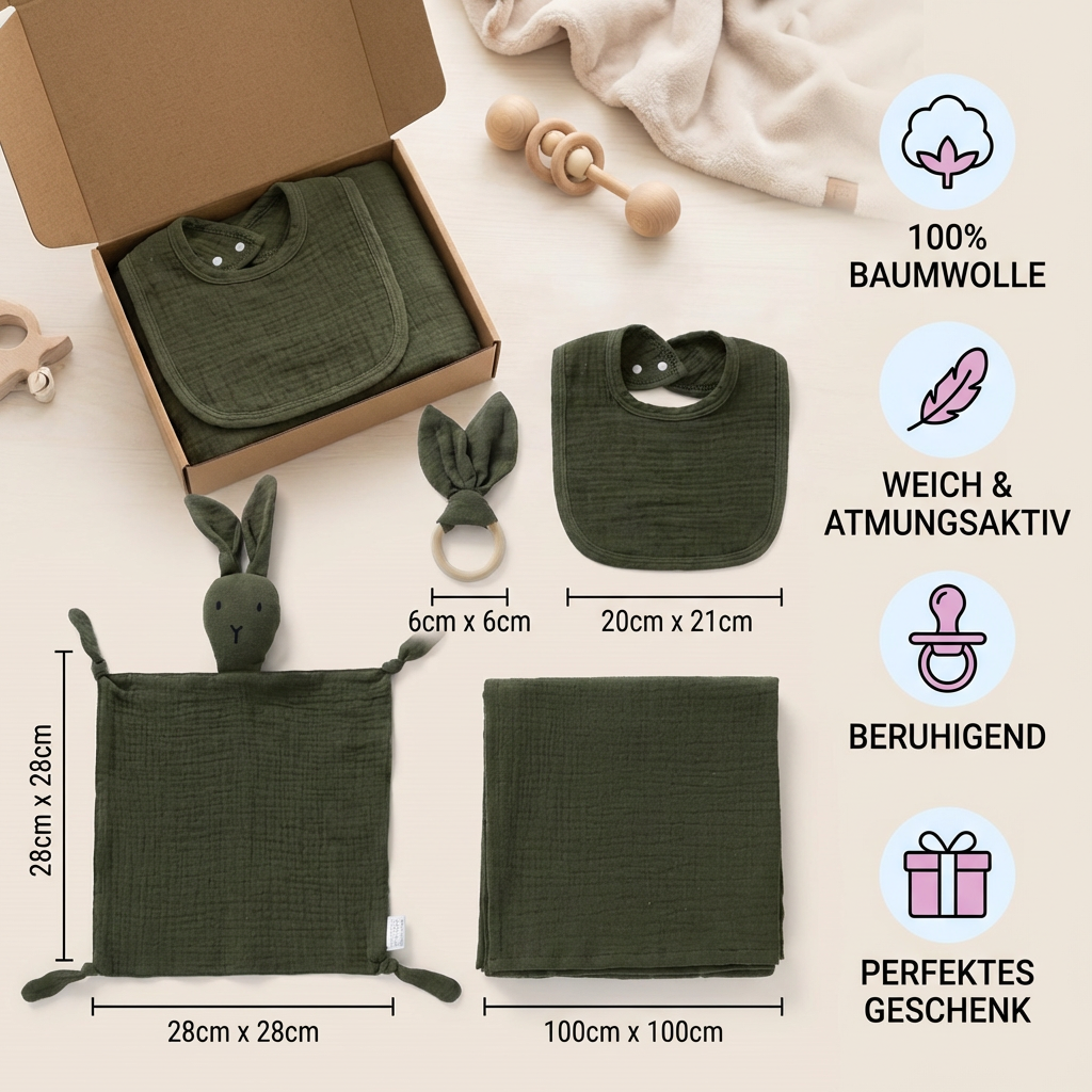 4-teiliges Neugeborenen Geschenkset – Musselin, Hase, Beißring & Lätzchen (100% Baumwolle)