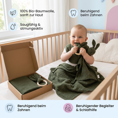 4-teiliges Neugeborenen Geschenkset – Musselin, Hase, Beißring & Lätzchen (100% Baumwolle)