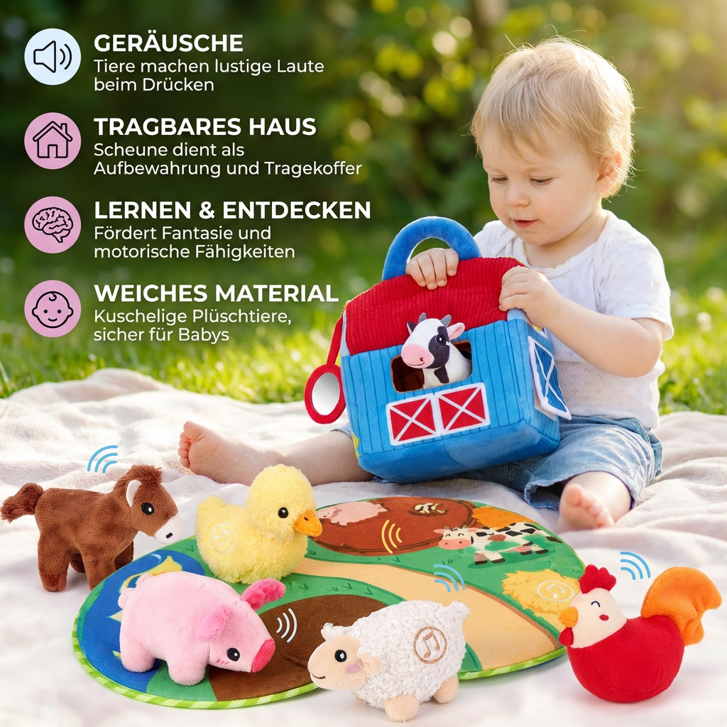 Bauernhof Plüschtier Spielset – Interaktives Lernspielzeug mit tragbarem Spielhaus