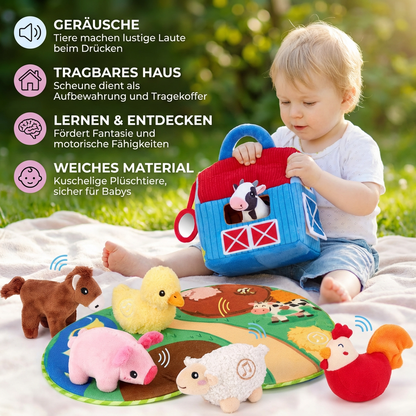 Bauernhof Plüschtier Spielset – Interaktives Lernspielzeug mit tragbarem Spielhaus