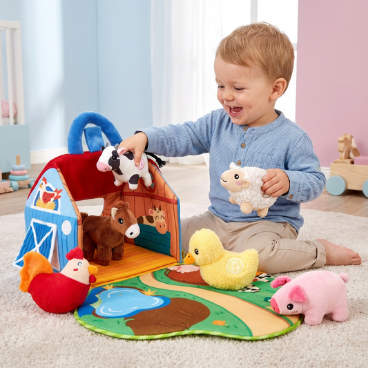 Bauernhof Plüschtier Spielset – Interaktives Lernspielzeug mit tragbarem Spielhaus
