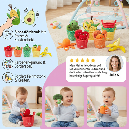 Weiches Obst- & Gemüse-Lernspiel für Babys – 4er Farb-Sortier-Set mit Rassel und Knistereffekt