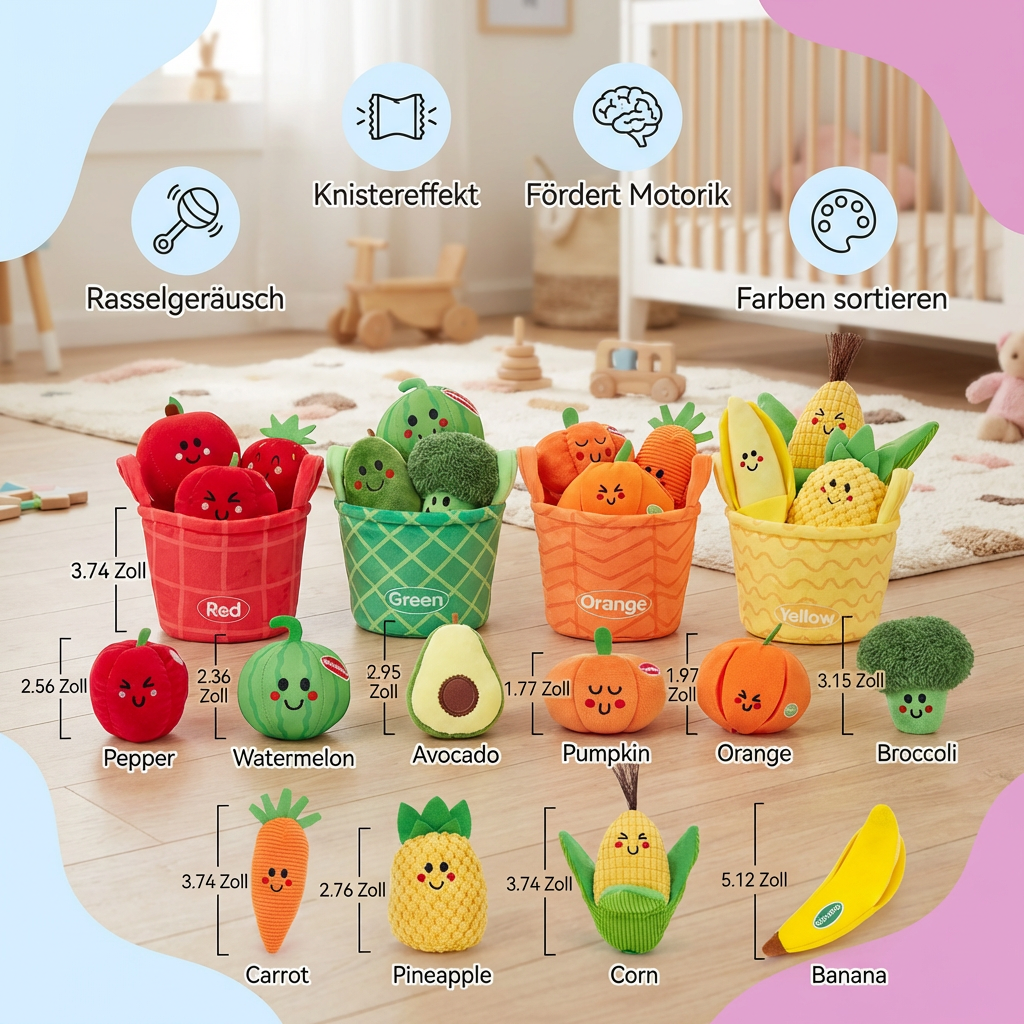 Weiches Obst- & Gemüse-Lernspiel für Babys – 4er Farb-Sortier-Set mit Rassel und Knistereffekt