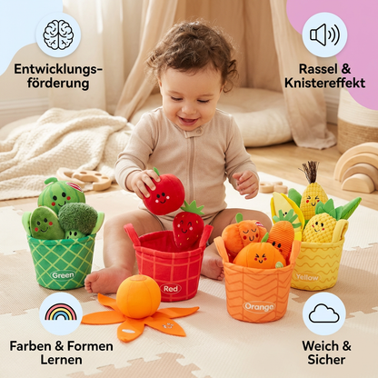 Weiches Obst- & Gemüse-Lernspiel für Babys – 4er Farb-Sortier-Set mit Rassel und Knistereffekt