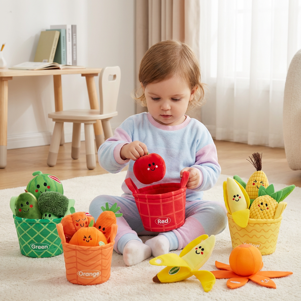Weiches Obst- & Gemüse-Lernspiel für Babys – 4er Farb-Sortier-Set mit Rassel und Knistereffekt
