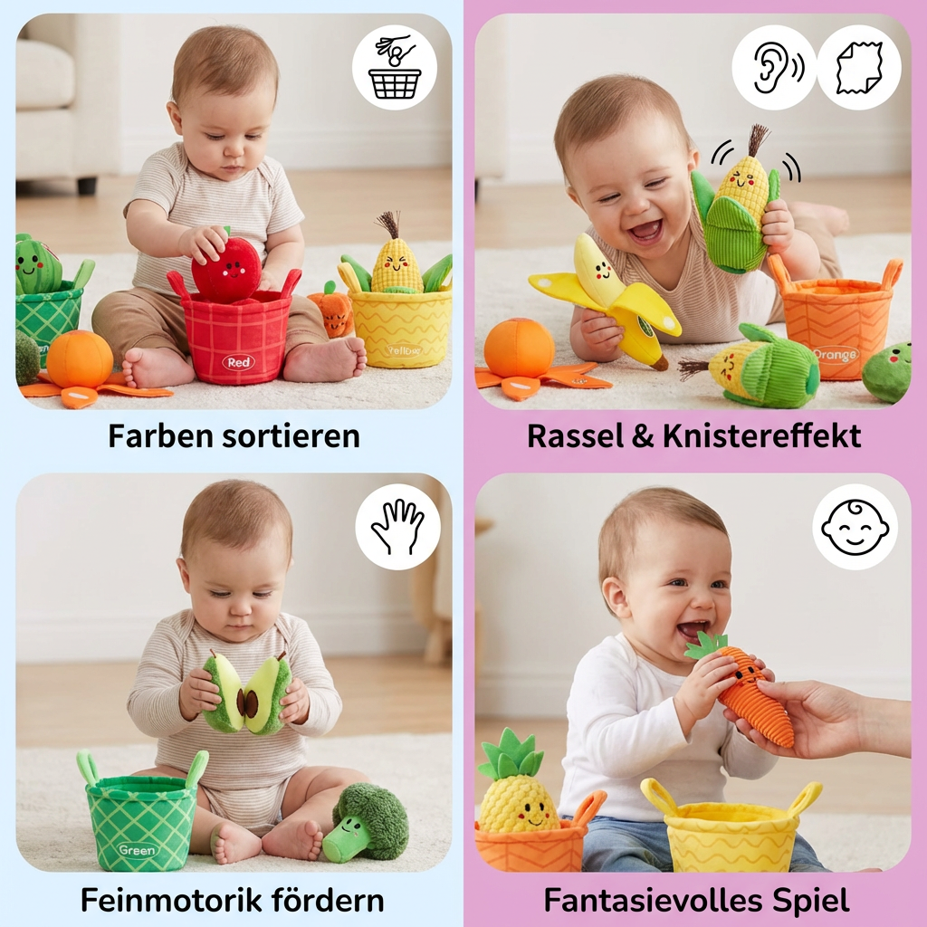 Weiches Obst- & Gemüse-Lernspiel für Babys – 4er Farb-Sortier-Set mit Rassel und Knistereffekt