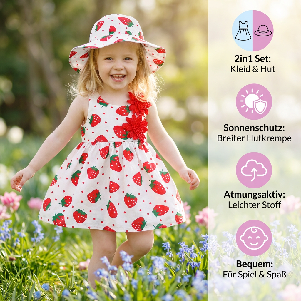 Sommerliches 2in1 Set  Ärmelloses Mädchenkleid mit Erdbeer-Muster inkl. Hut