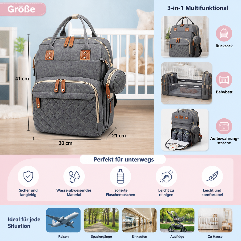 3-in-1 Reise Wickelrucksack mit faltbarem Babybett - Perfekt für Unterwegs!