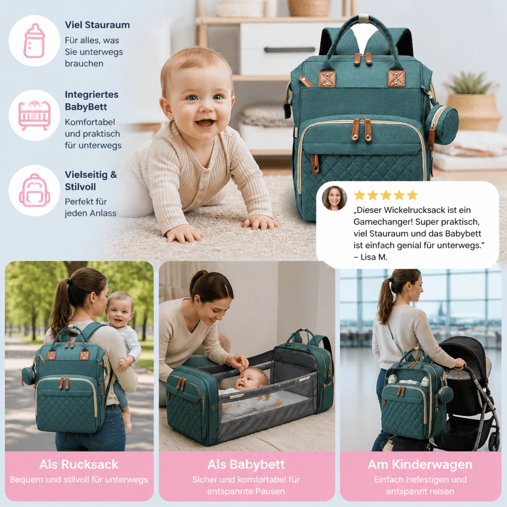 3-in-1 Reise Wickelrucksack mit faltbarem Babybett - Perfekt für Unterwegs!