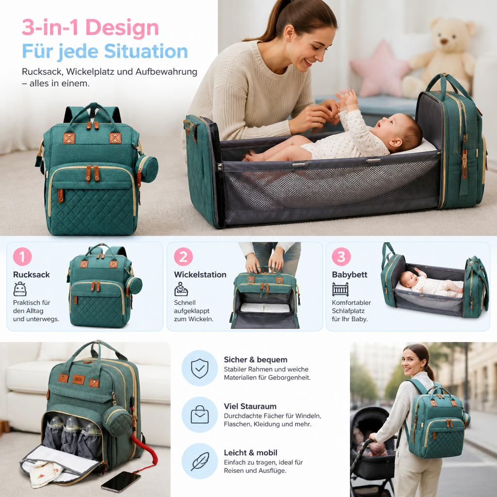 3-in-1 Reise Wickelrucksack mit faltbarem Babybett - Perfekt für Unterwegs!