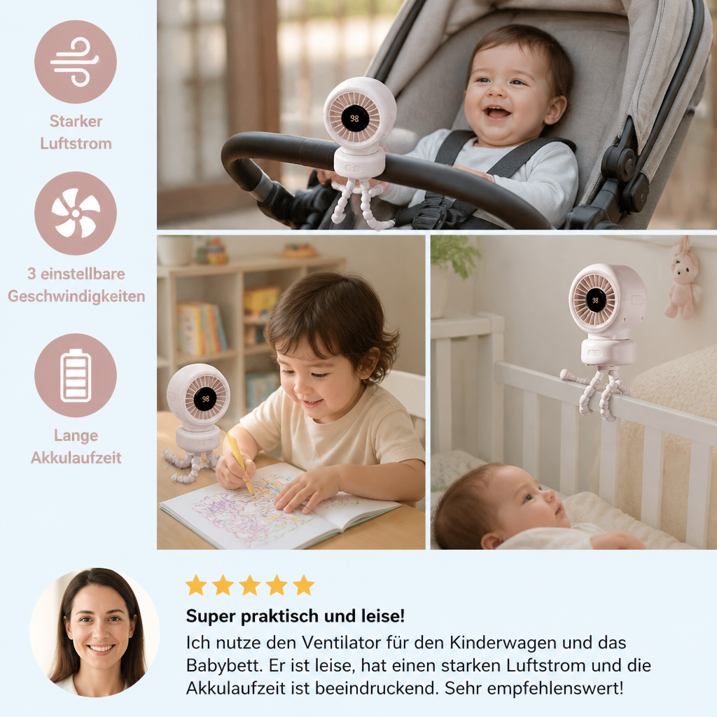 Tragbarer Clip Ventilator für Kinderwagen Bett und Alltag