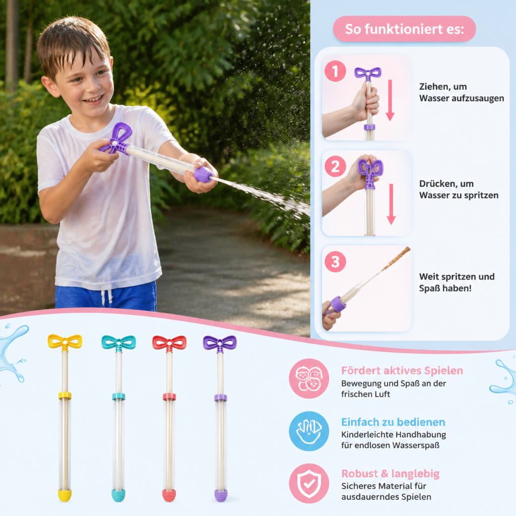 Kinder Wasser Spritz Blaster – Handliches Zieh-Spritz Spielzeug für draußen