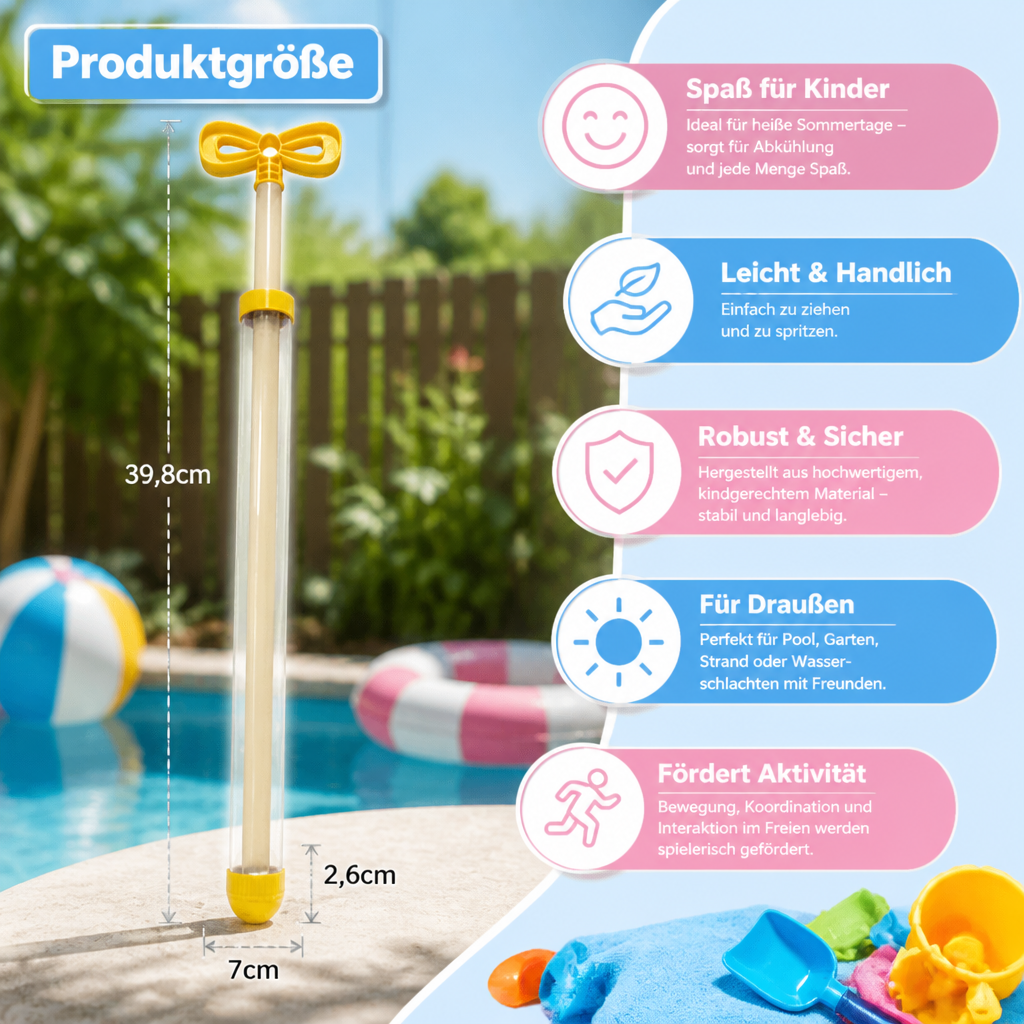 Kinder Wasser Spritz Blaster – Handliches Zieh-Spritz Spielzeug für draußen