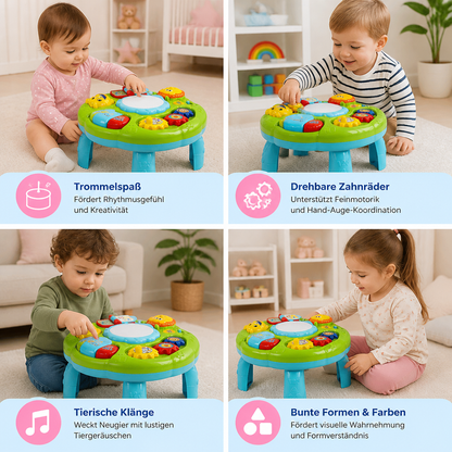 Baby Musik Aktivitätstisch Spielzeug mit Trommel Zahnrädern und Tiergeräuschen