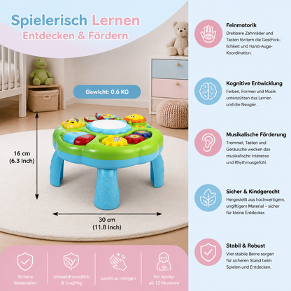 Baby Musik Aktivitätstisch Spielzeug mit Trommel Zahnrädern und Tiergeräuschen