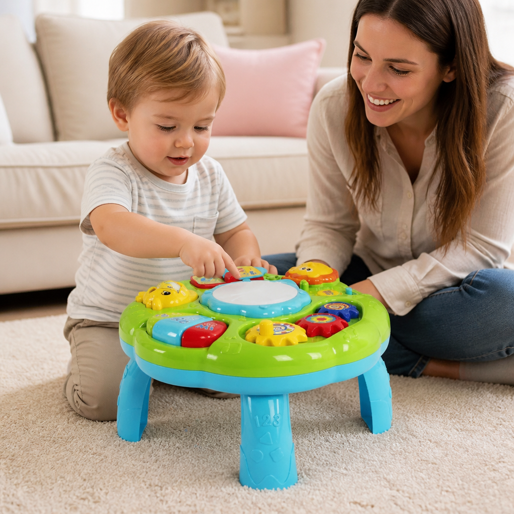 Baby Musik Aktivitätstisch Spielzeug mit Trommel Zahnrädern und Tiergeräuschen