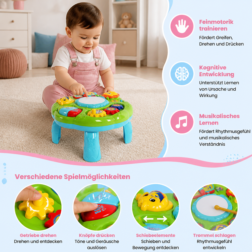 Baby Musik Aktivitätstisch Spielzeug mit Trommel Zahnrädern und Tiergeräuschen