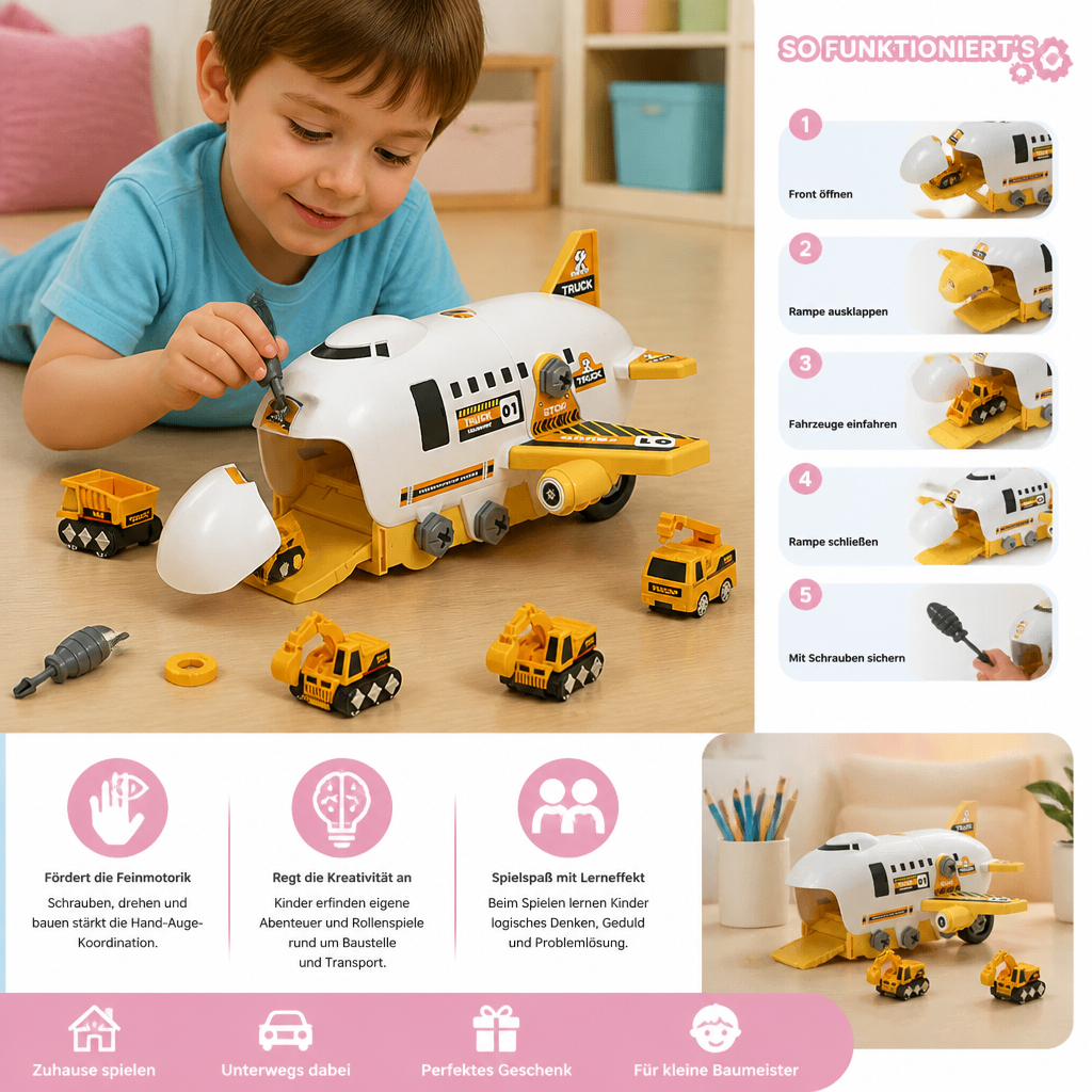DIY-Spielset „Flugzeug-Transport-Lkw“ mit Baufahrzeugen