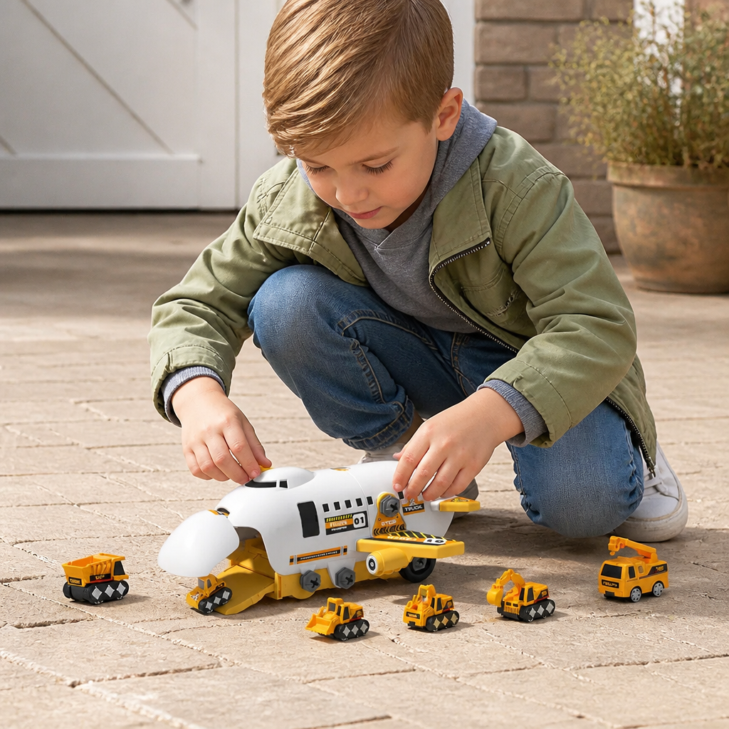 DIY-Spielset „Flugzeug-Transport-Lkw“ mit Baufahrzeugen
