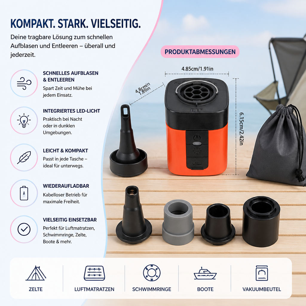 Tragbare Mini-Luftpumpe mit LED-Licht – schnelles Aufpumpen und Ablassen