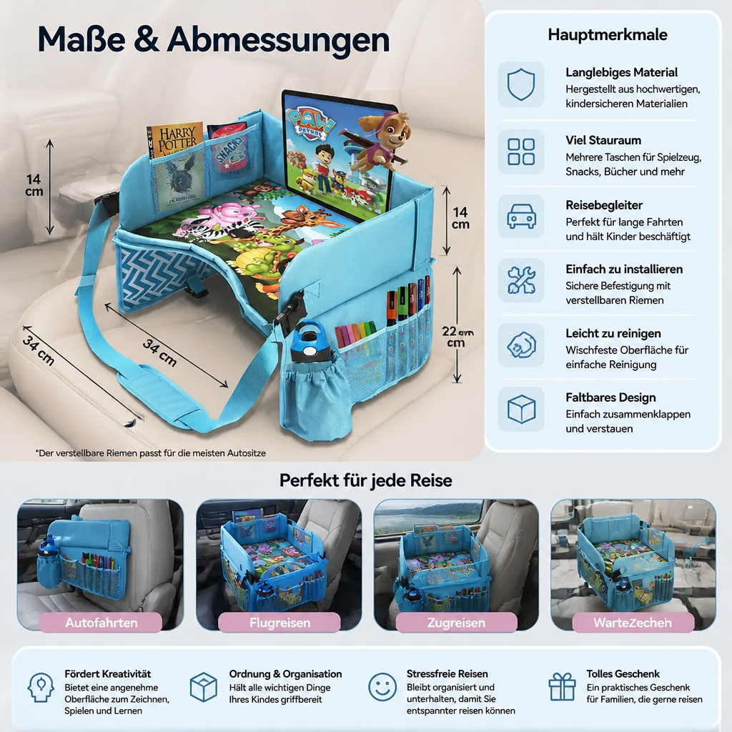 Kinder Auto Reisetablett mit Aufbewahrungstaschen und Beschäftigungsfläche