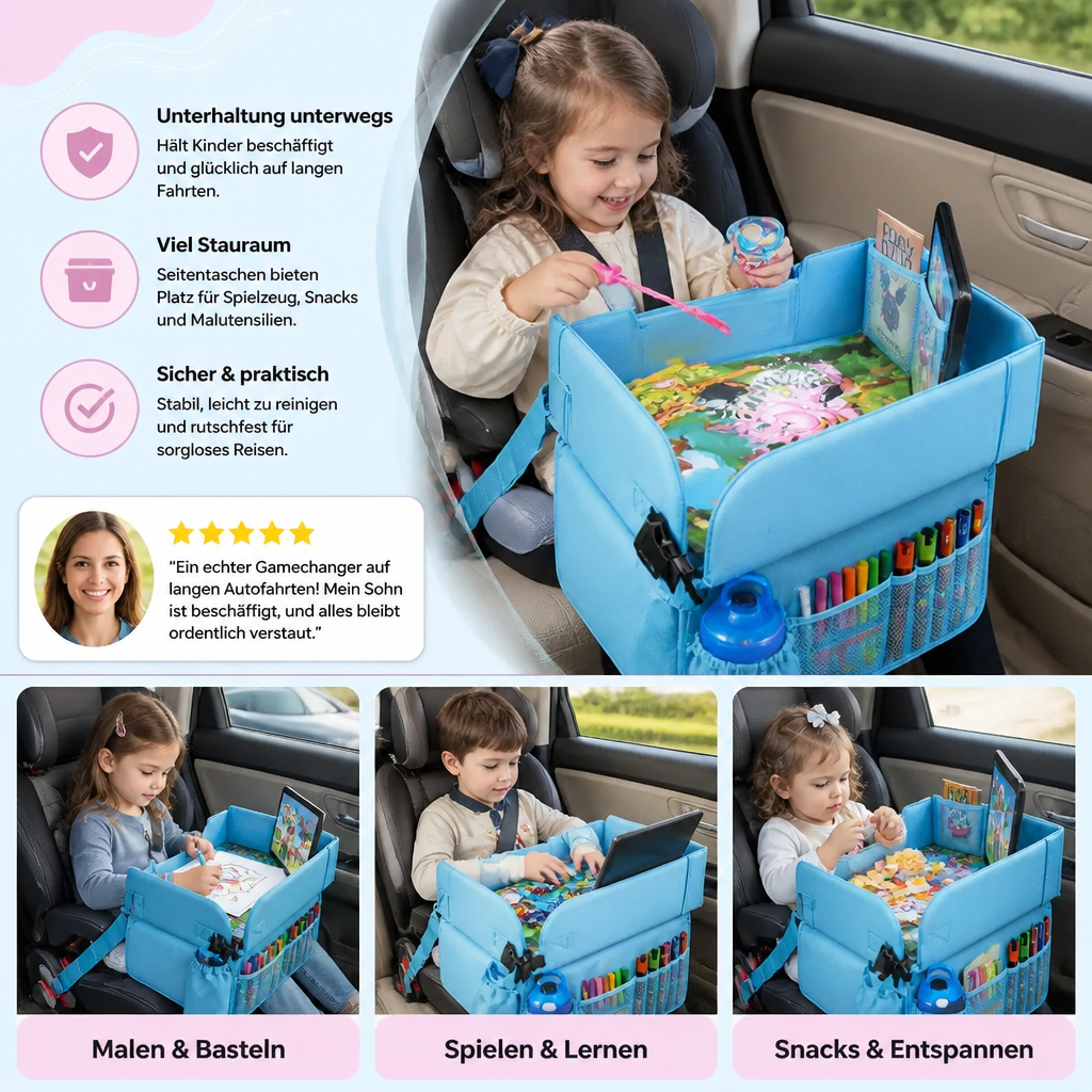 Kinder Auto Reisetablett mit Aufbewahrungstaschen und Beschäftigungsfläche
