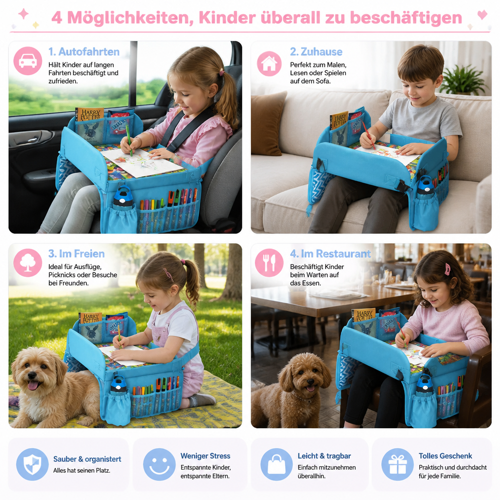 Kinder Auto Reisetablett mit Aufbewahrungstaschen und Beschäftigungsfläche