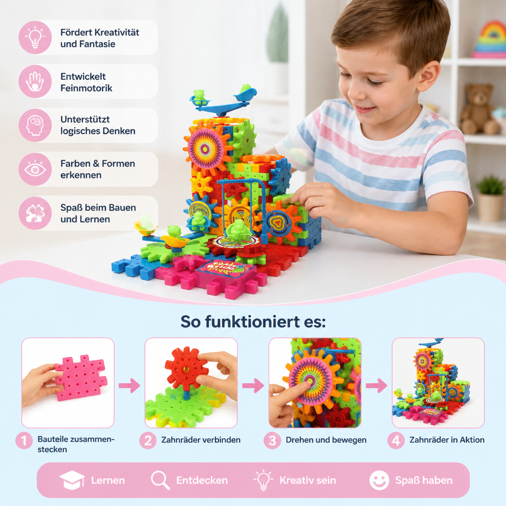 81-teiliges STEM-Zahnrad-Bauset – Ineinandergreifende Konstruktionsbausteine für Kinder